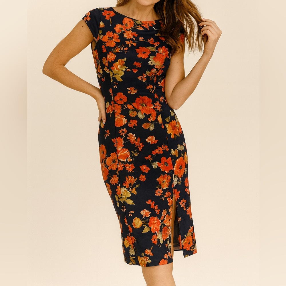 Weslee Rose Metallic Floral Sheath Dress Navy Orange Size 6